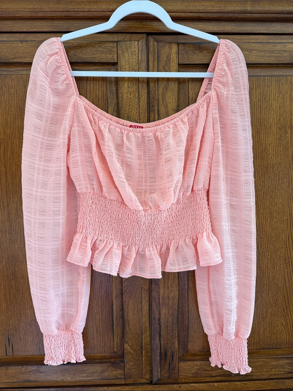 Guess Peach Smocked Peplum Blouse